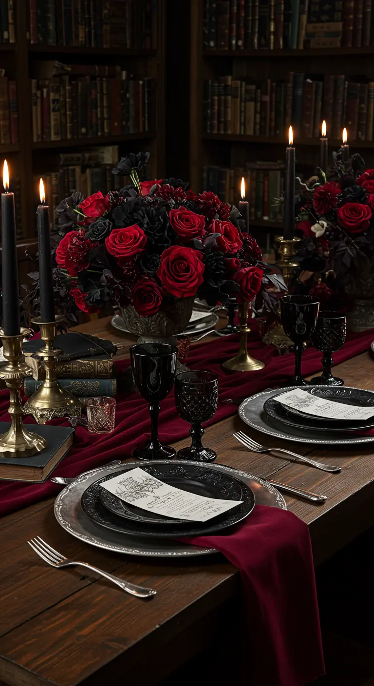 Table gothique avec nappe bordeaux, compositions de roses rouges et noires, bougeoirs dorés et vaisselle argentée.