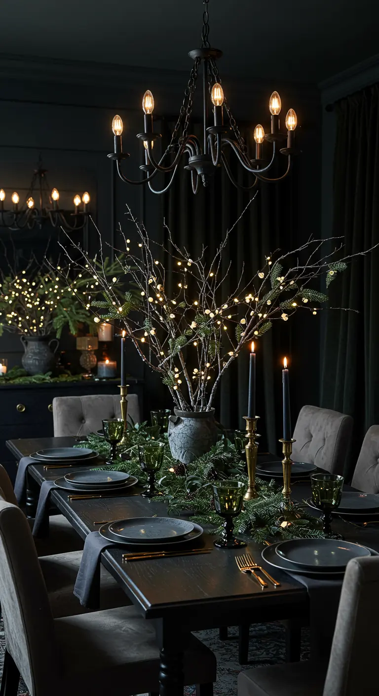 Table de salle à manger sombre avec un centre de table de branches éclairées, guirlande de sapin et bougies noires.