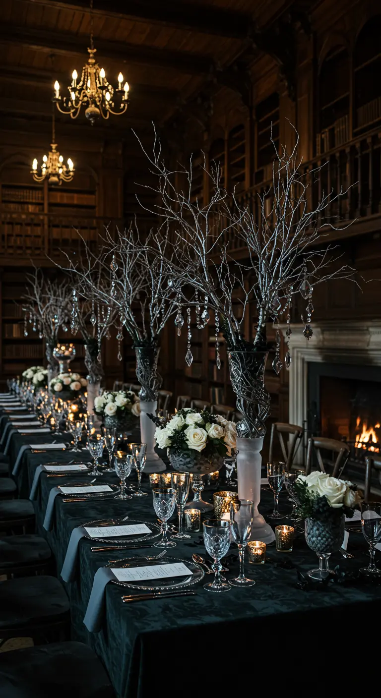 Longue table sombre dans une bibliothèque, branches argentées avec cristaux et fleurs blanches.