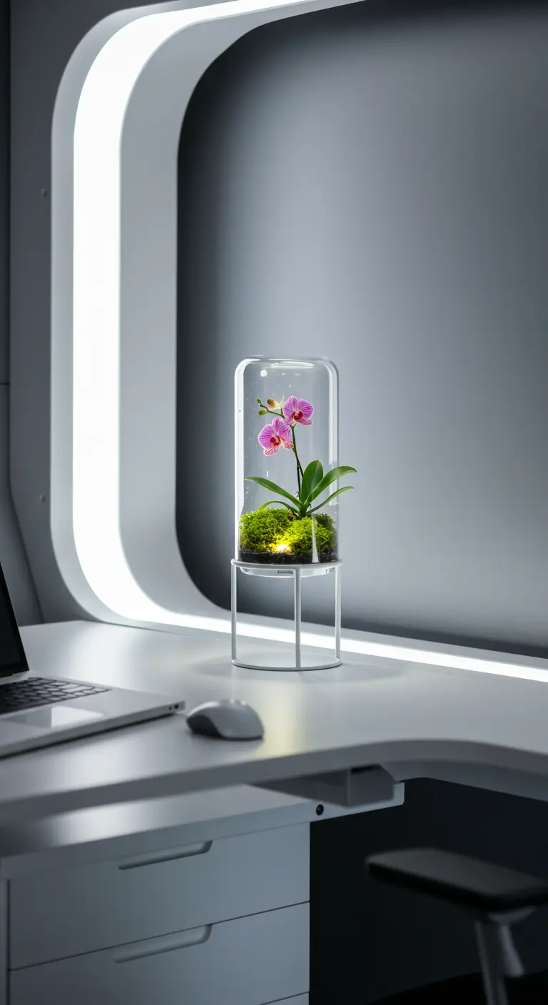 Orchidée rose dans une cloche en verre illuminée par LED, sur un bureau blanc moderne.