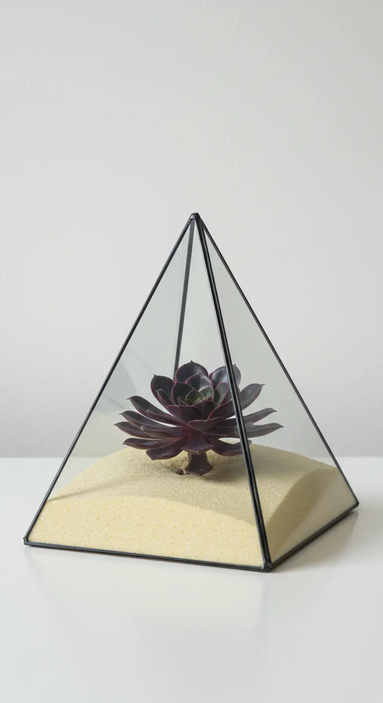 Terrarium pyramidal avec une echeveria foncée et du sable jaune pâle.
