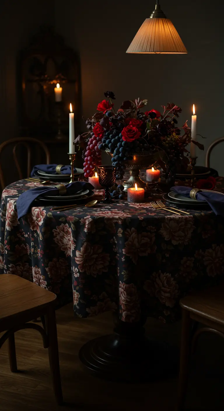 Table élégante avec nappe fleurie foncée, chandeliers et grappes de raisin.
