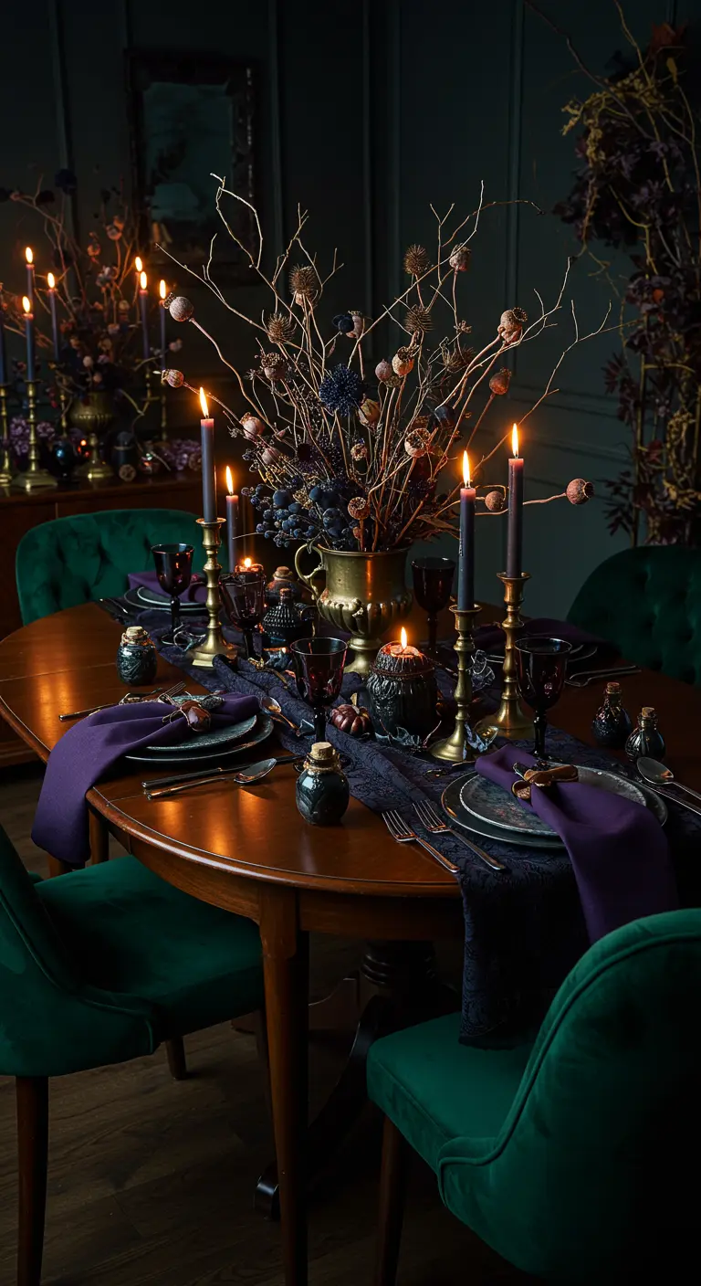 Table élégante avec chemin de table pourpre, centre de table dramatique de branches sombres et bougies violettes.