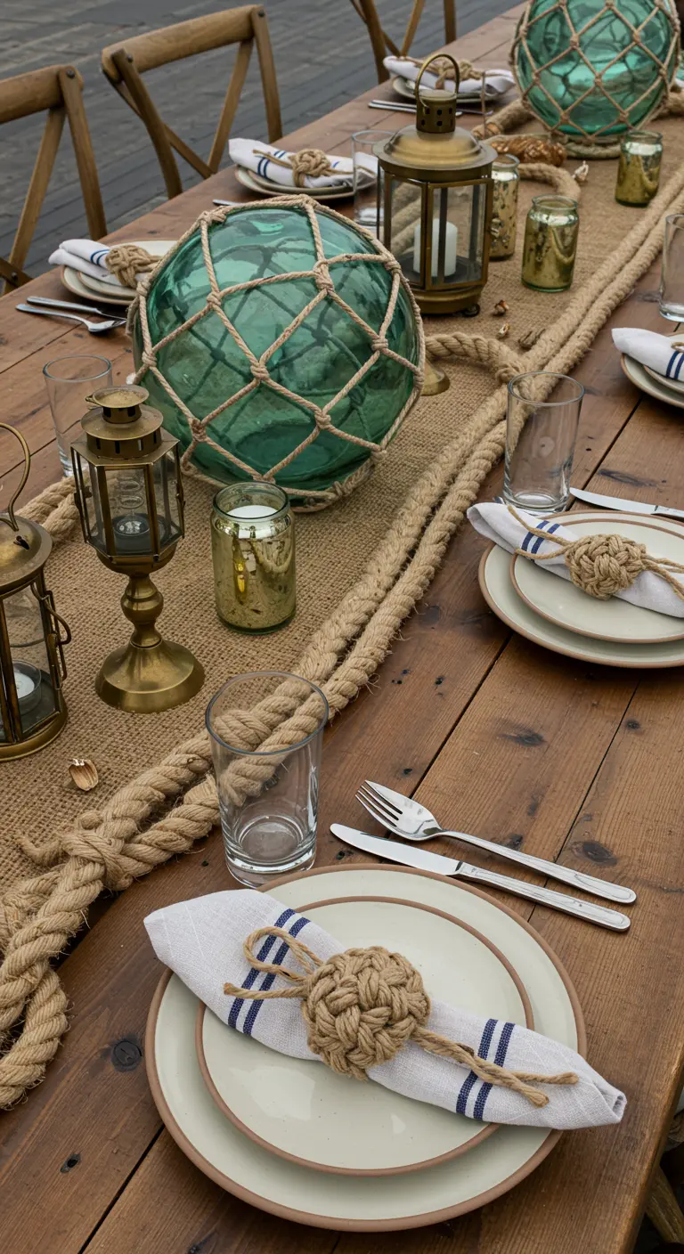 Table rustique avec de grosses cordes, des flotteurs de pêche en verre et des ronds de serviette en nœud marin.