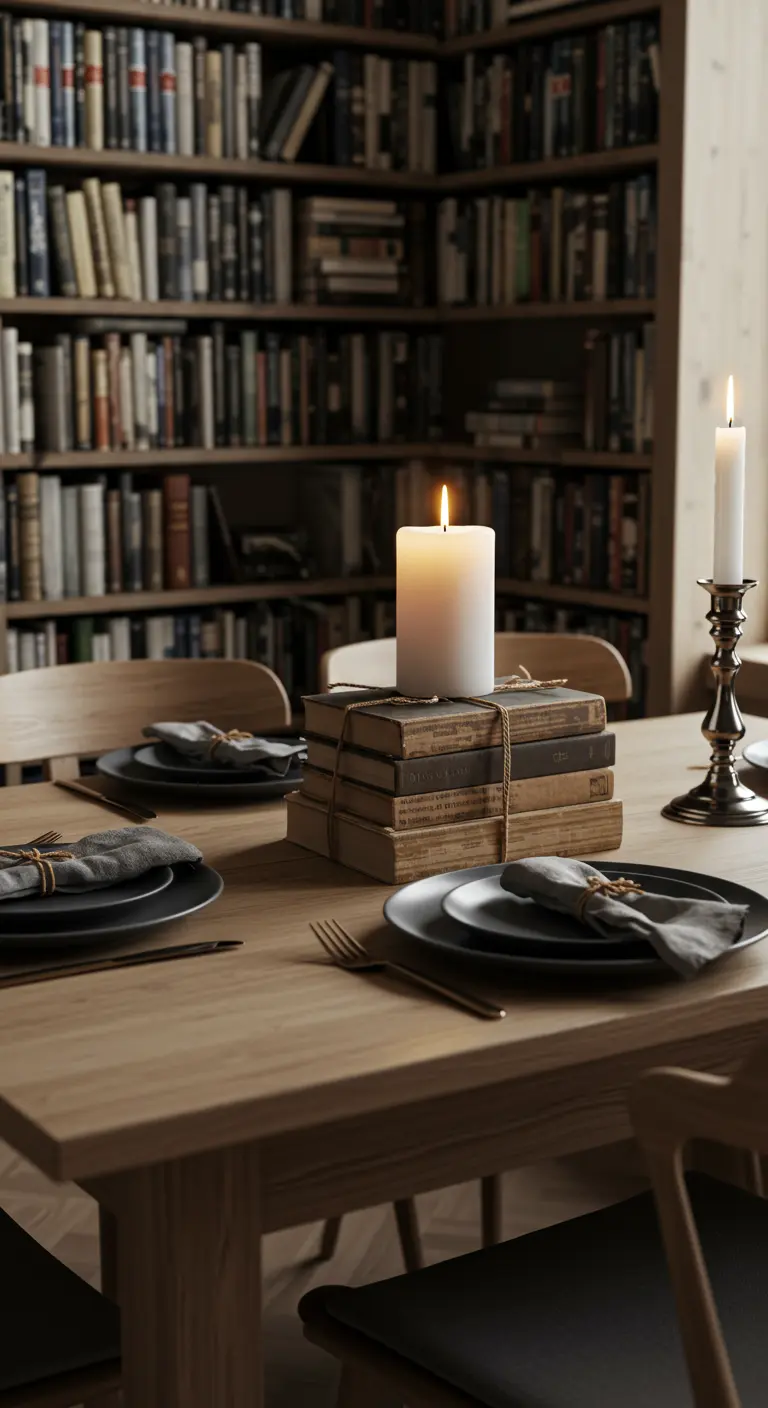 Centre de table composé d'une pile de livres anciens surmontée d'une bougie.