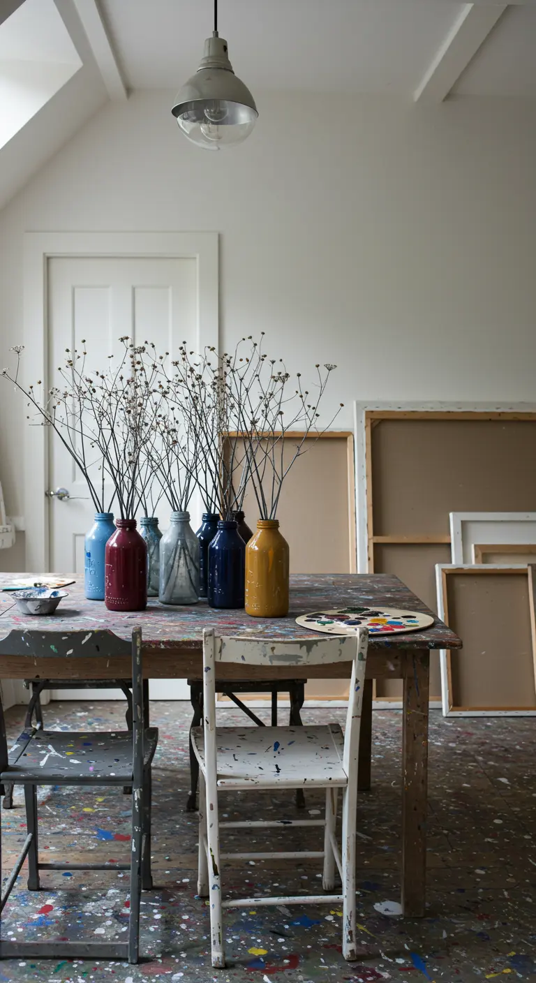 Fleurs séchées dans des bocaux et bouteilles colorés et tachés de peinture sur une table d'atelier.