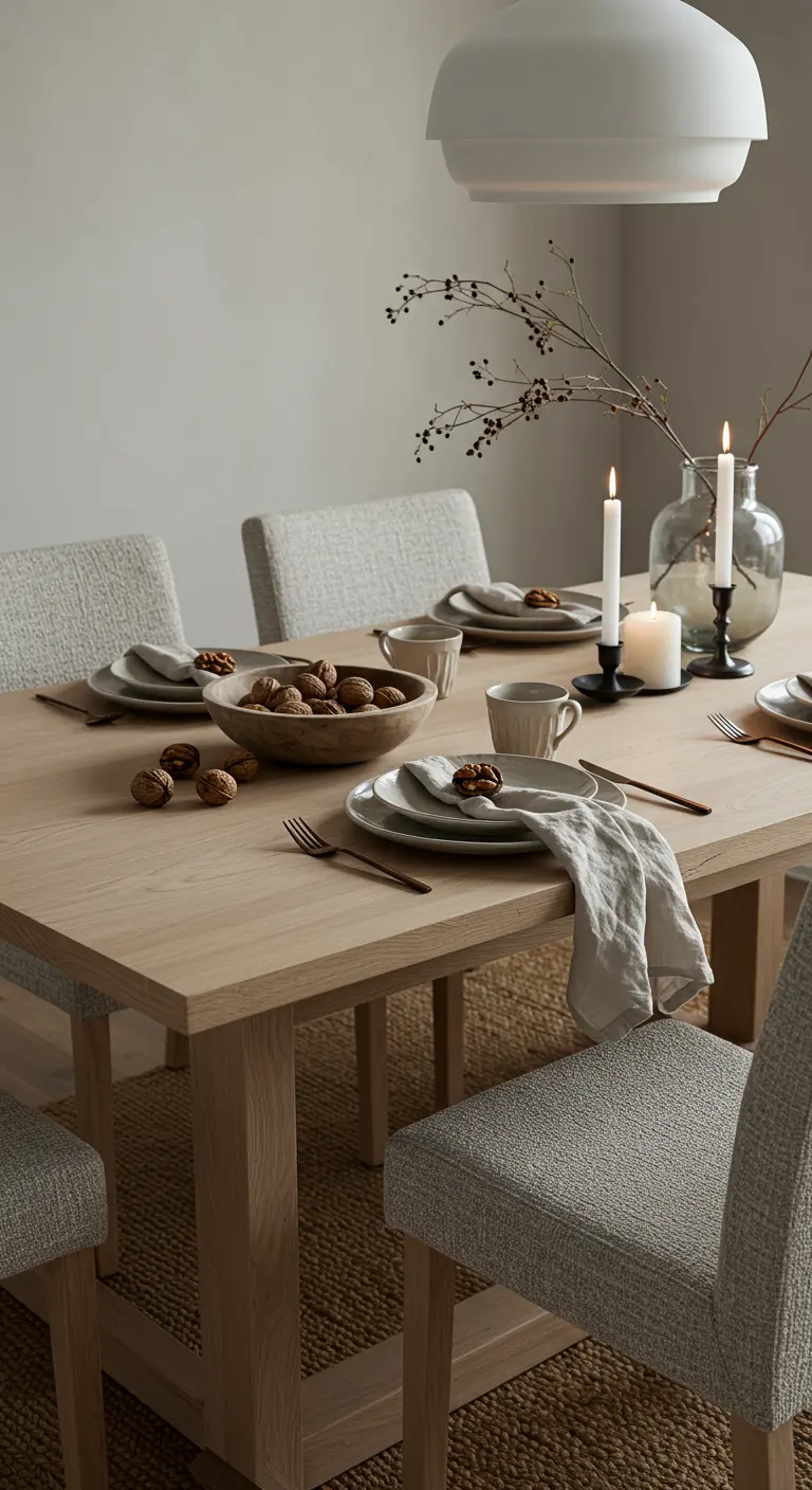 Table de Noël avec un bol de noix en bois comme centre de table et vaisselle grège.