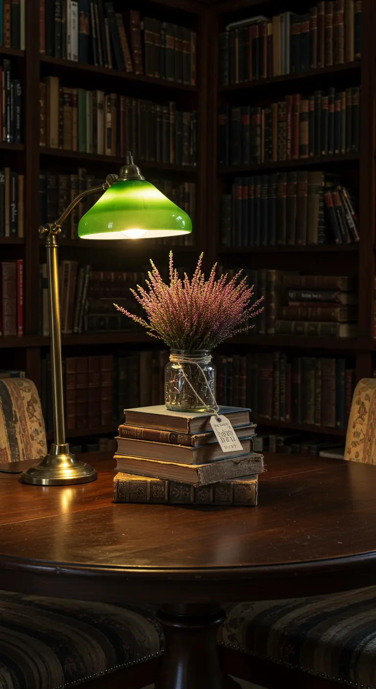 Bruyère séchée dans un bocal posé sur une pile de livres anciens à côté d'une lampe de bureau.