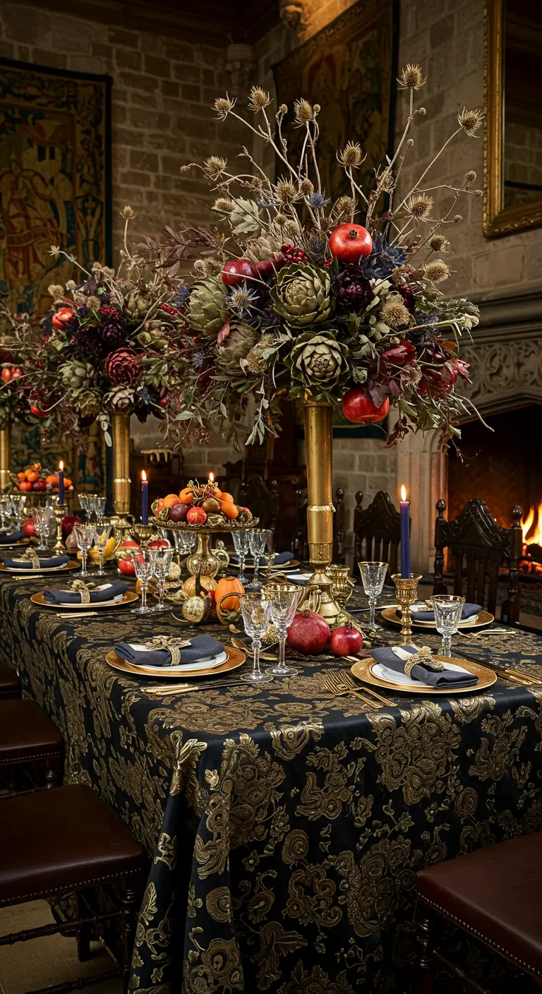 Table de banquet baroque avec des centres de table floraux incluant fruits et légumes.