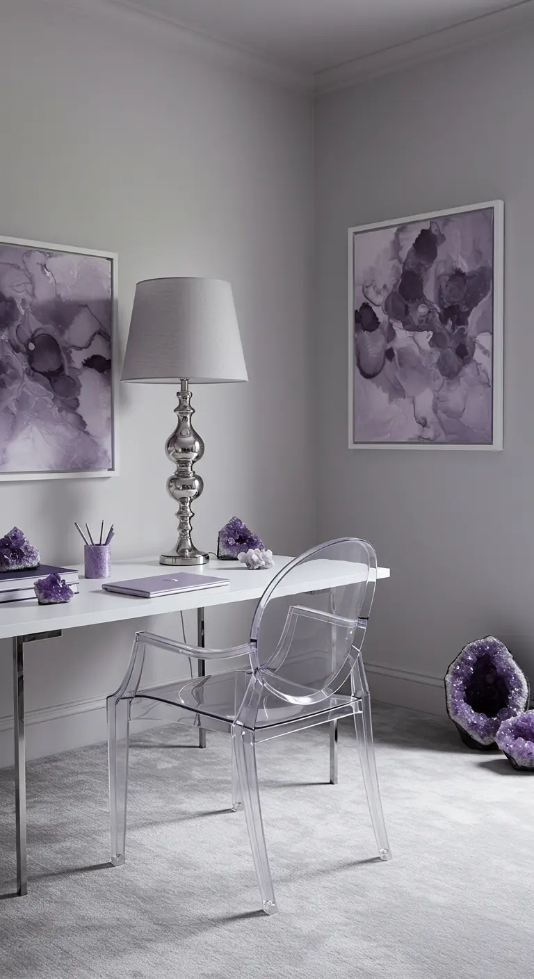 Bureau blanc dans une pièce gris lavande avec des géodes d'améthyste et une chaise transparente.