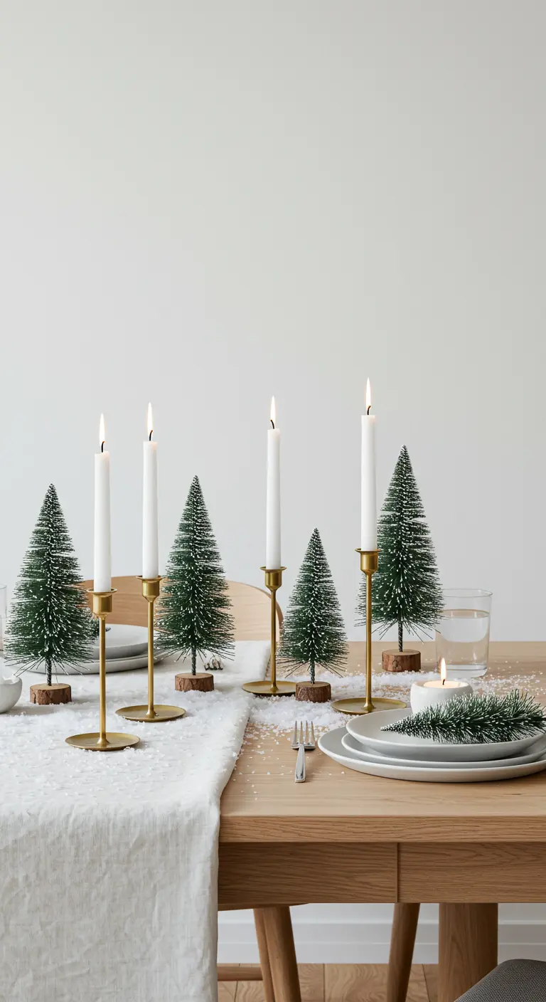 Table de Noël minimaliste avec chemin de table blanc, neige artificielle et mini-sapins.