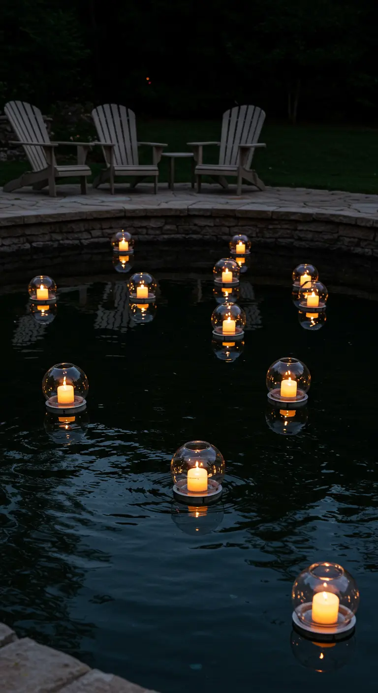 Bougies flottantes dans des globes en verre sur un bassin circulaire la nuit.
