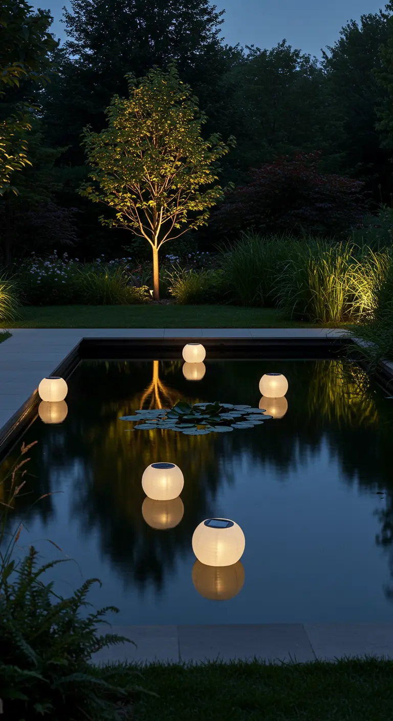 Sphères lumineuses solaires flottant sur un bassin de jardin la nuit.