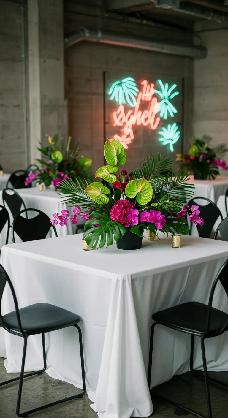 Centre de table tropical avec anthuriums et feuilles de palmier devant un néon.