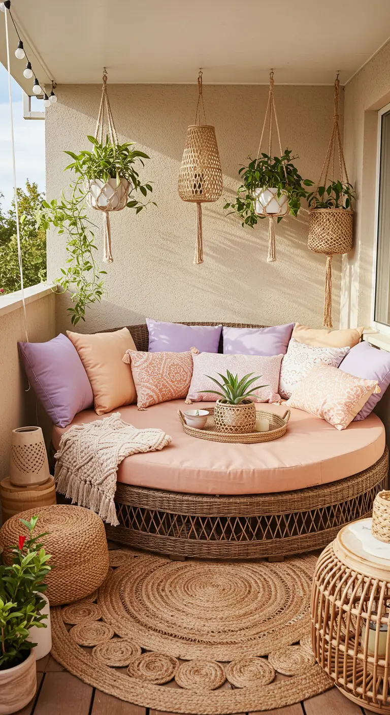 Lit de jour rond en rotin sur un balcon avec une profusion de coussins pastel et des plantes suspendues.
