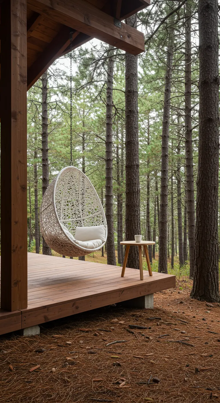 Chaise œuf suspendue blanche avec coussin sur une terrasse en bois en pleine forêt.