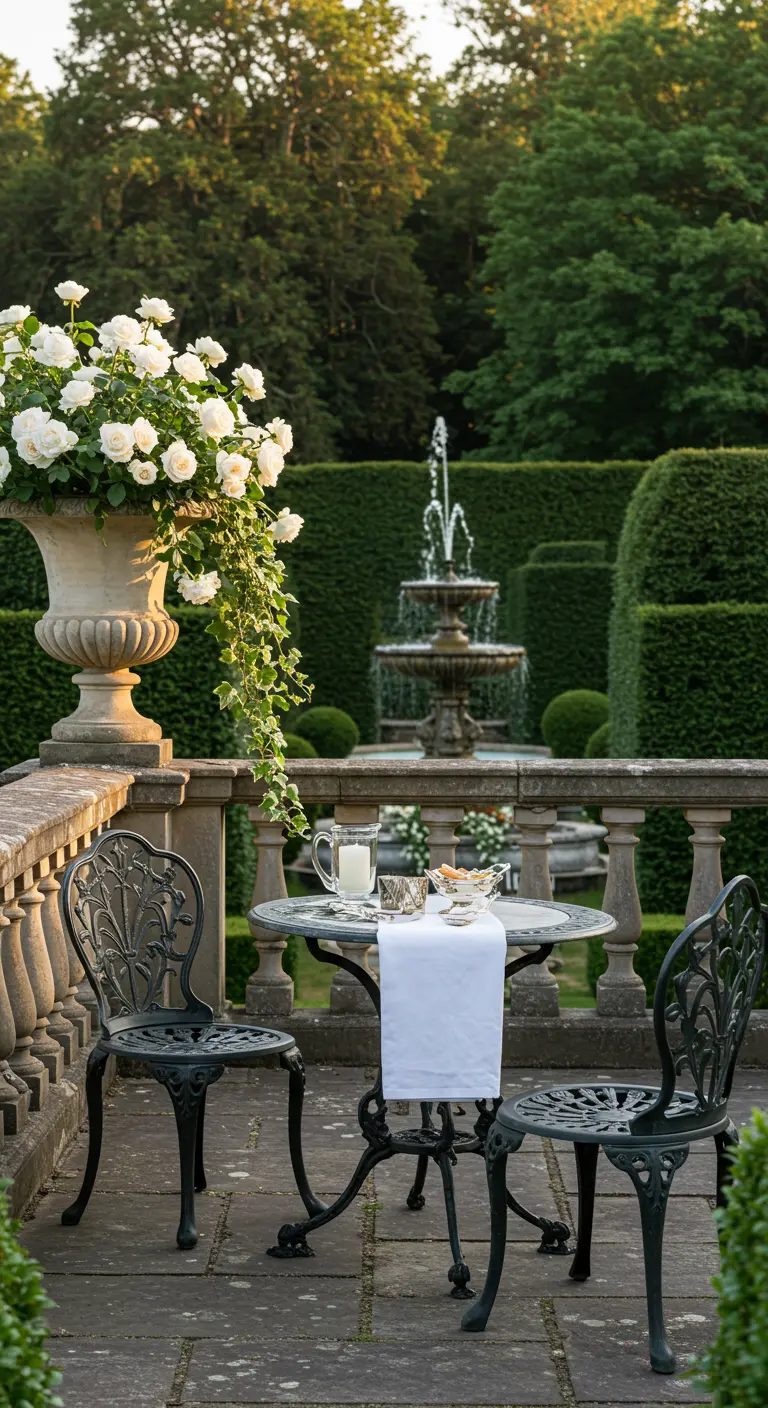 Bistro set noir en fer forgé sur une terrasse de château, avec grand vase de roses blanches et fontaine.