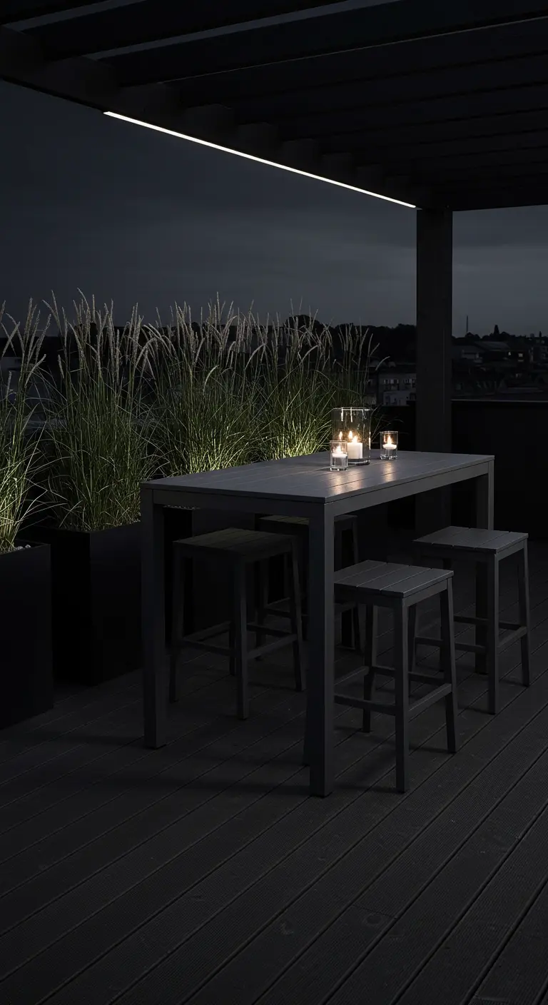 Table haute noire sur une terrasse sombre, avec des herbes illuminées.