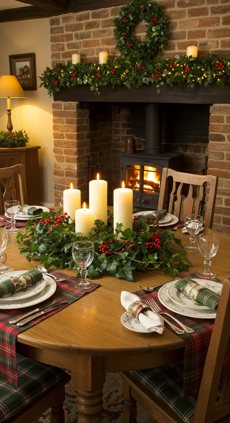 Table de campagne en bois avec des sets de table en tartan et une couronne de houx avec des bougies.