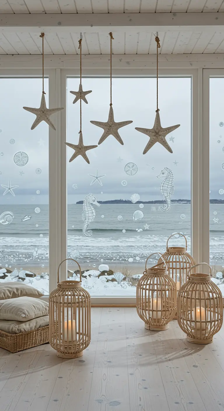 Fenêtre avec vue sur la mer, décorée d'étoiles de mer suspendues et de lanternes en rotin.