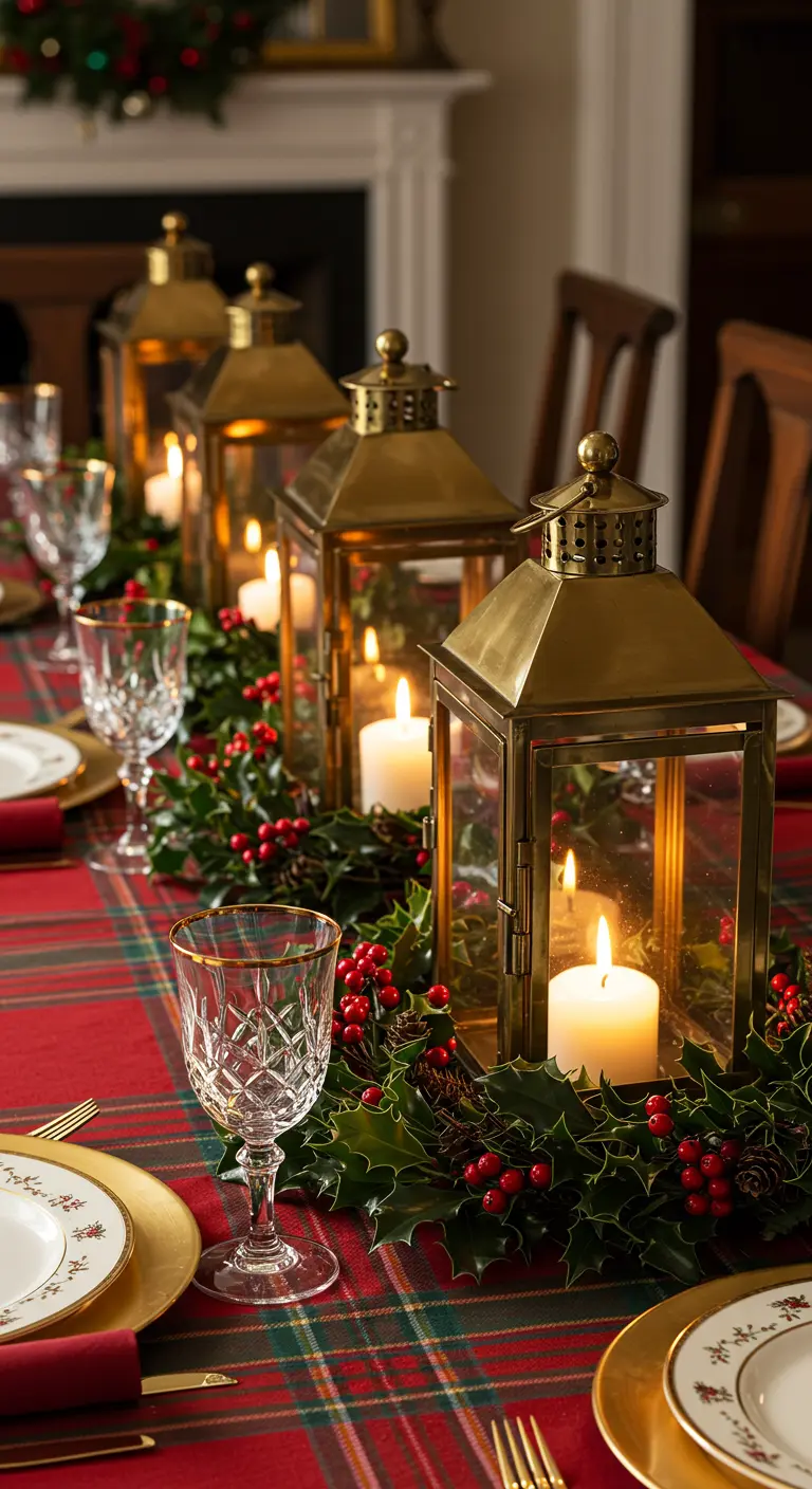 Lanternes en laiton avec des bougies et du houx sur une nappe à carreaux de Noël.