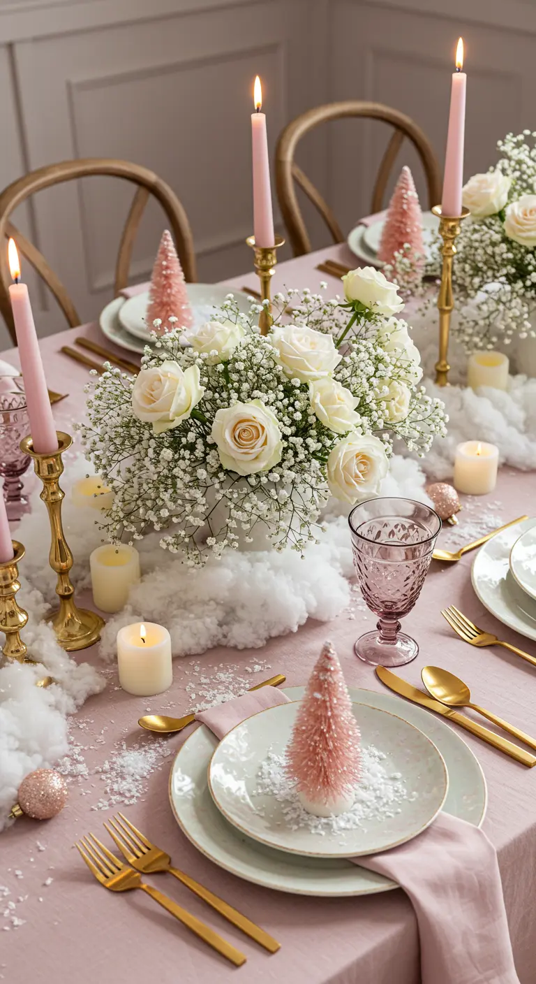Table de Noël rose et or avec des nuages de coton imitant la neige et des roses blanches.