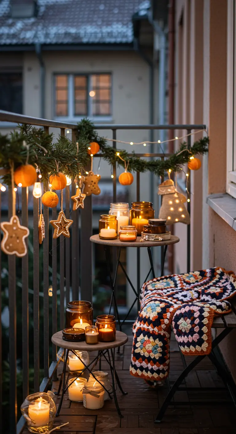 Balcon de Noël avec guirlande décorée d'oranges et de biscuits.