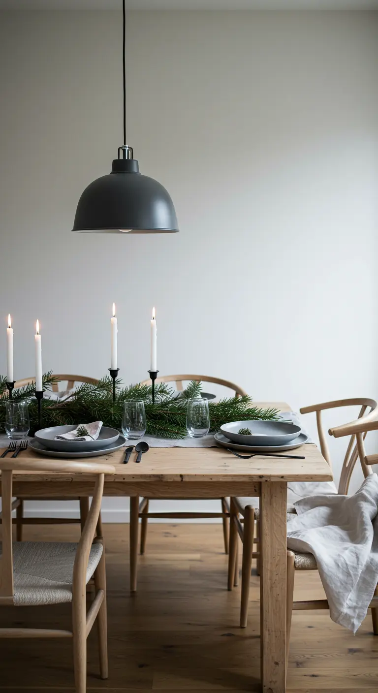 Table de fête scandinave avec une guirlande de sapin et de hautes bougies blanches.