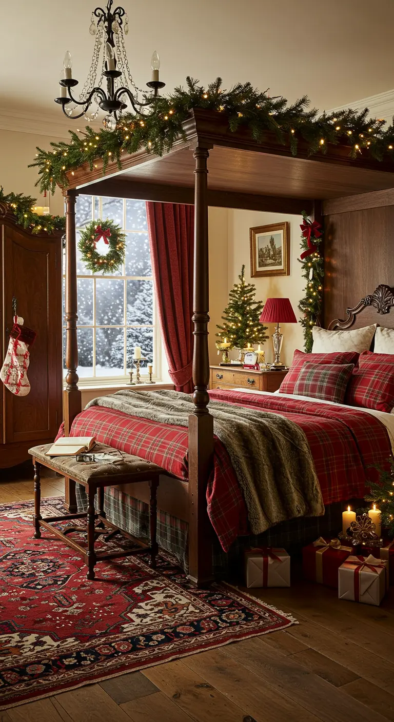 Chambre de Noël traditionnelle avec lit à baldaquin, linge de lit écossais et décorations de sapin.