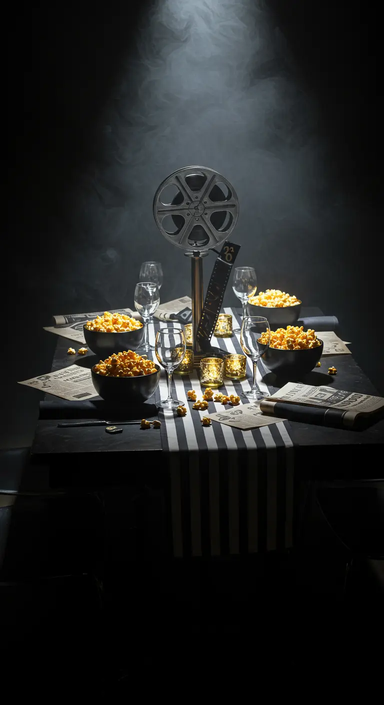 Table sombre avec chemin de table rayé noir et blanc, bobine de film et éclairage dramatique.