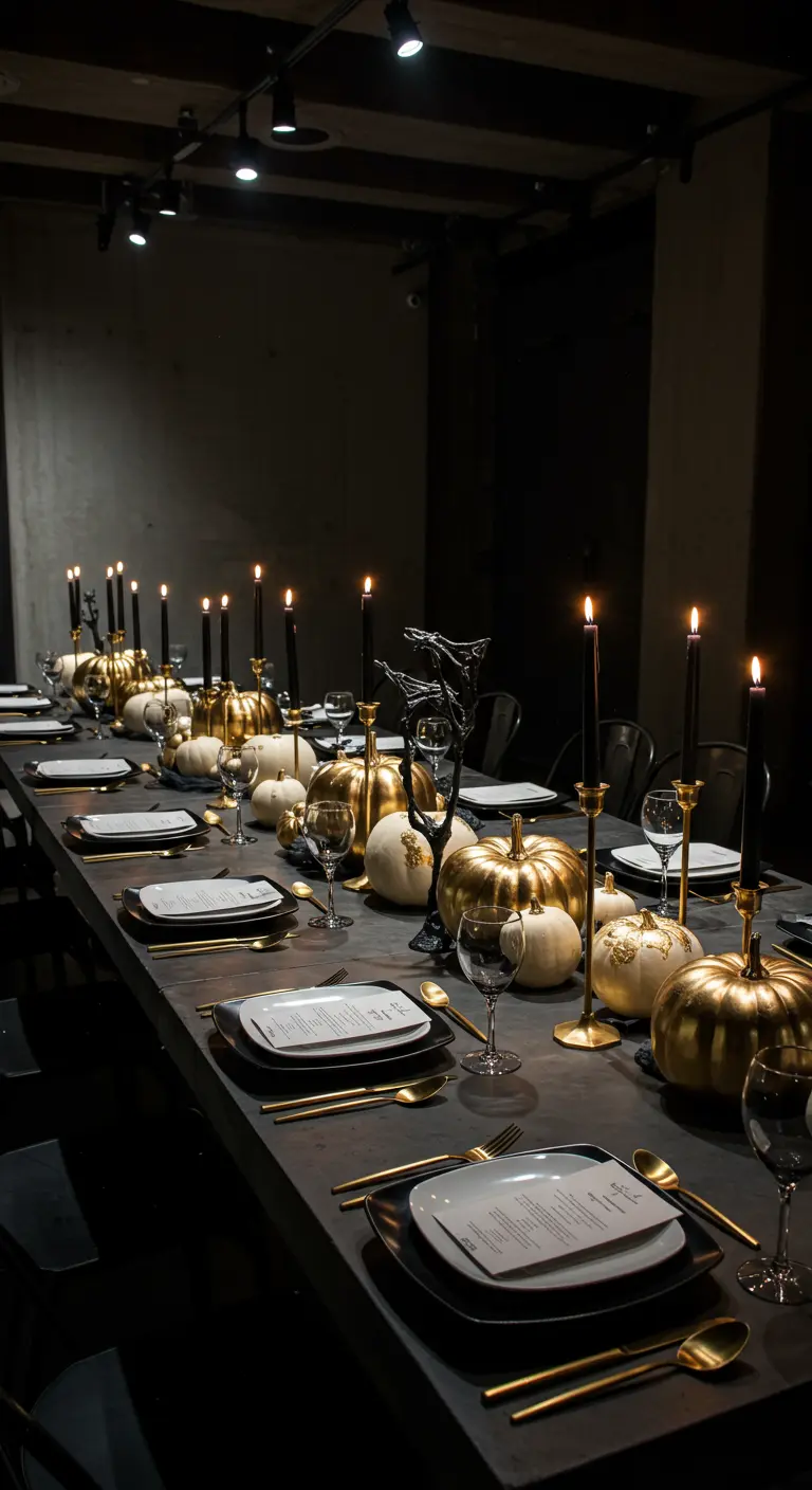 Longue table sombre avec citrouilles blanches et dorées, chandeliers dorés et bougies noires, assiettes noires.