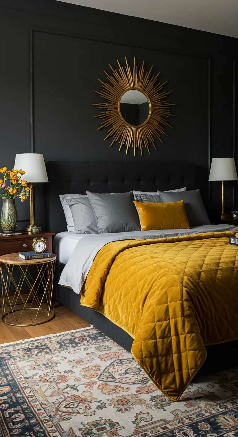 Chambre avec mur noir, lit gris, et un plaid en velours matelassé jaune moutarde.