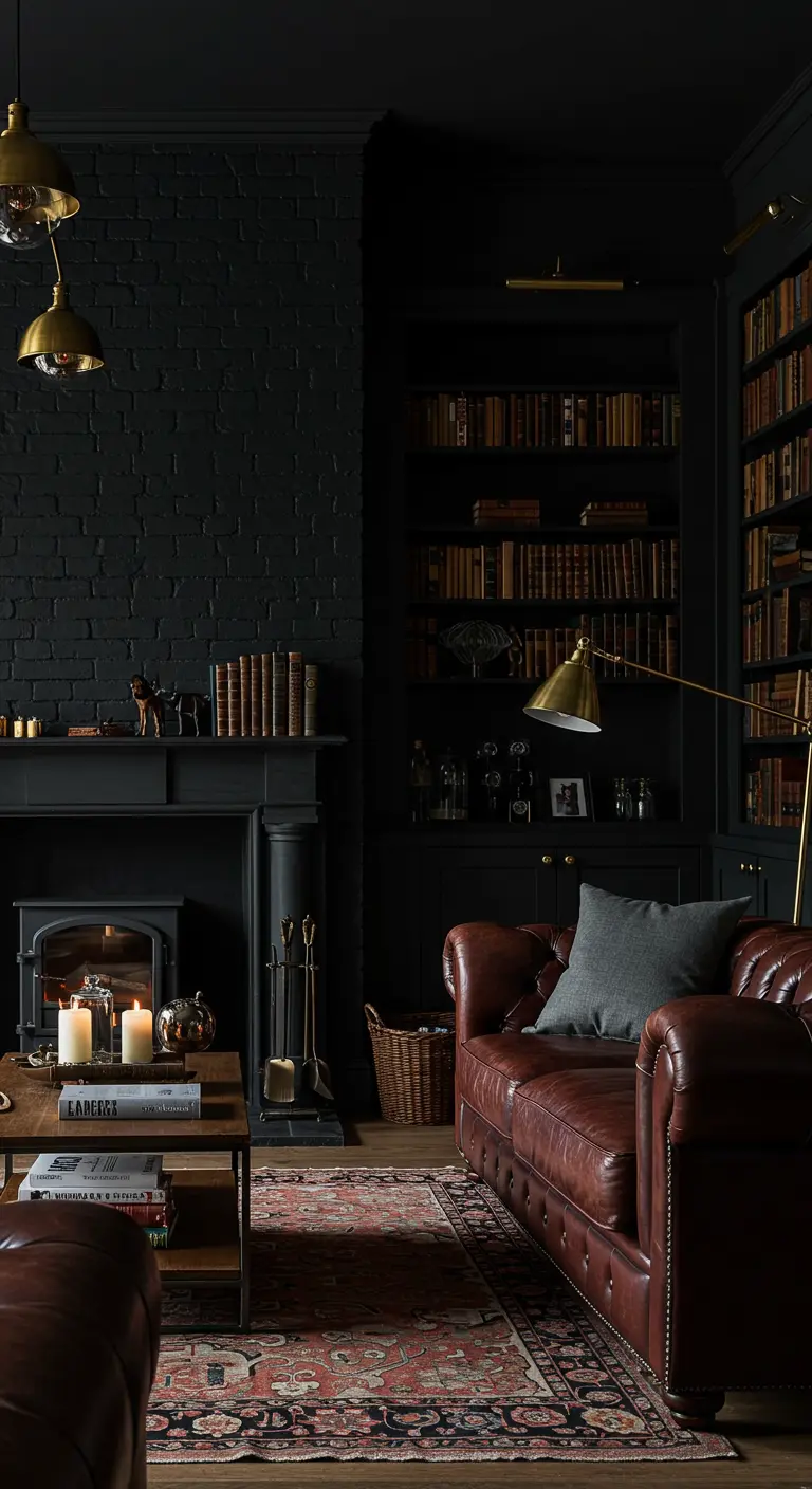 Bibliothèque sombre et cosy avec mur de briques noires, fauteuil en cuir et éclairage chaleureux.