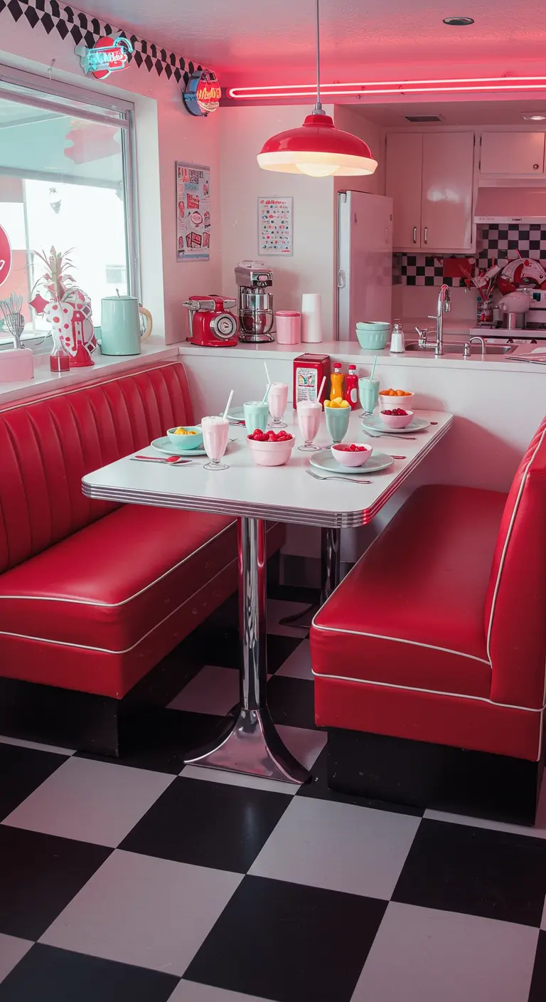 Coin repas style diner américain avec banquettes rouges et vaisselle pastel.