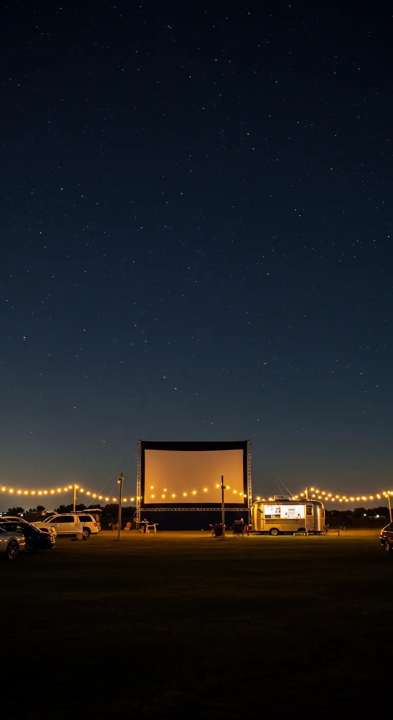 Scène de drive-in la nuit avec des voitures, un grand écran et des guirlandes lumineuses.