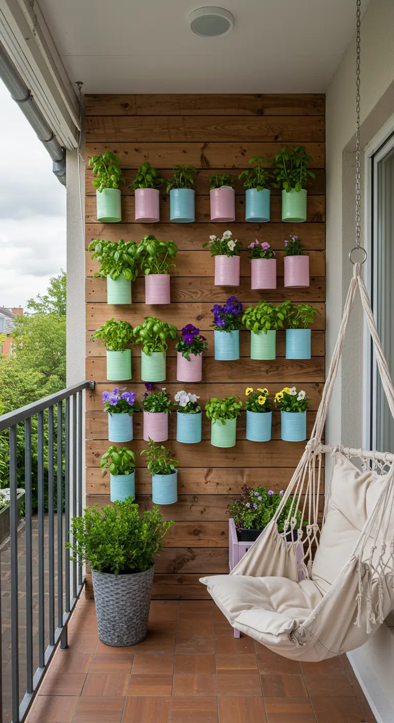 Pots muraux pastel avec fleurs et herbes sur un mur en bois, hamac suspendu crème.