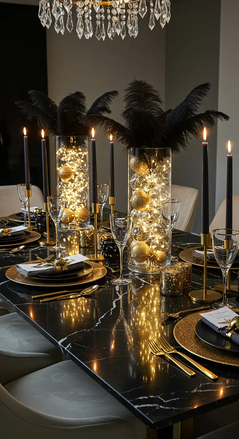Table de Nouvel An chic noire et or avec vases lumineux, plumes noires et bougies dorées.