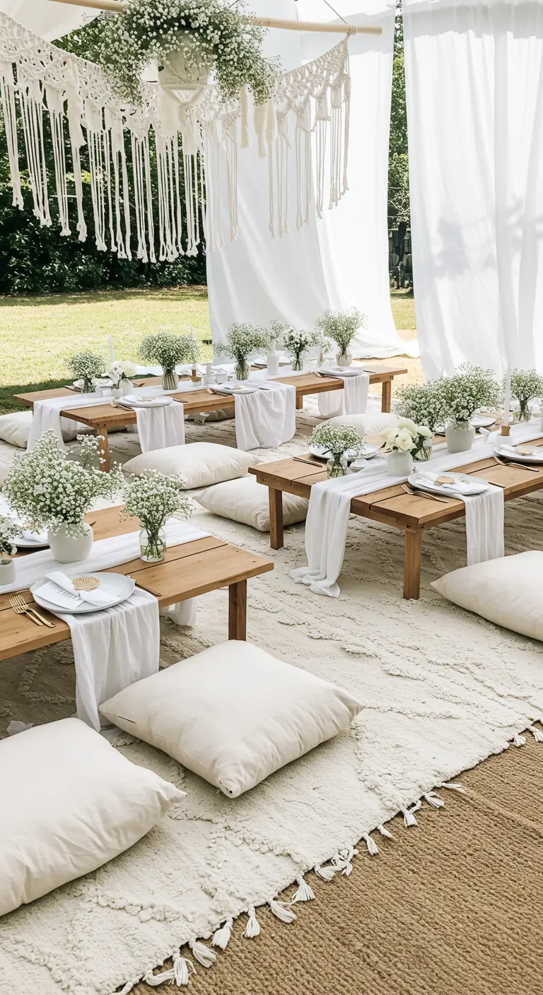 Pique-nique d'anniversaire entièrement blanc avec des tapis et des bouquets de gypsophile.