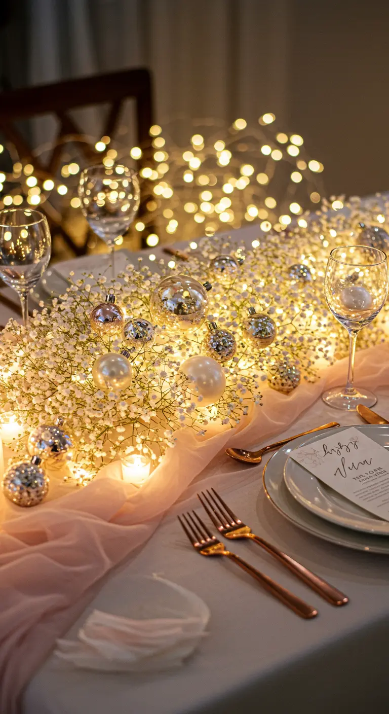 Chemin de table en gypsophile illuminé par des guirlandes LED et parsemé de petites boules.