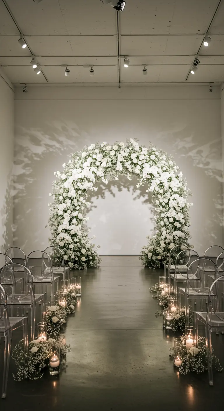 Arche massive de gypsophile blanc pur dans une salle épurée.