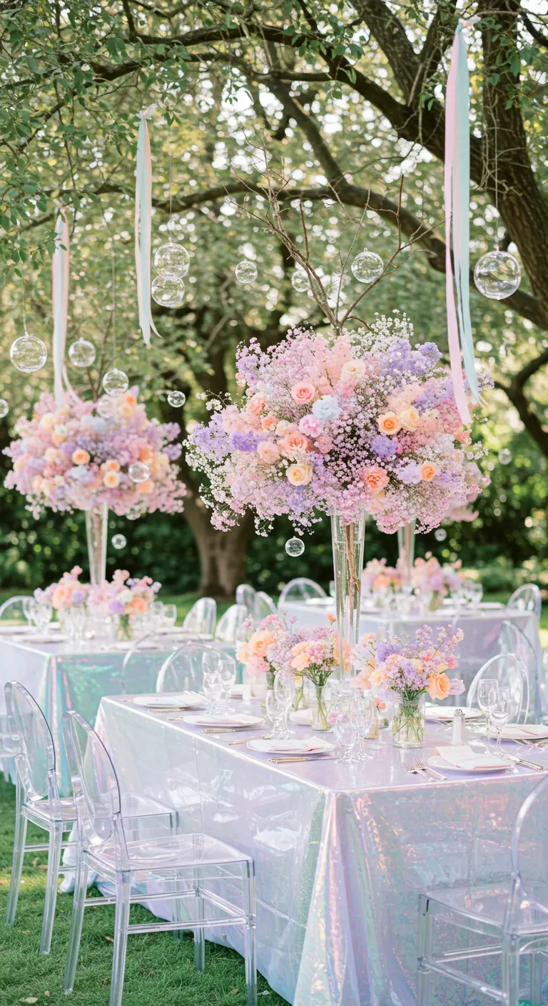Bouquets pastel aériens sur une table à la nappe irisée, dans un jardin.