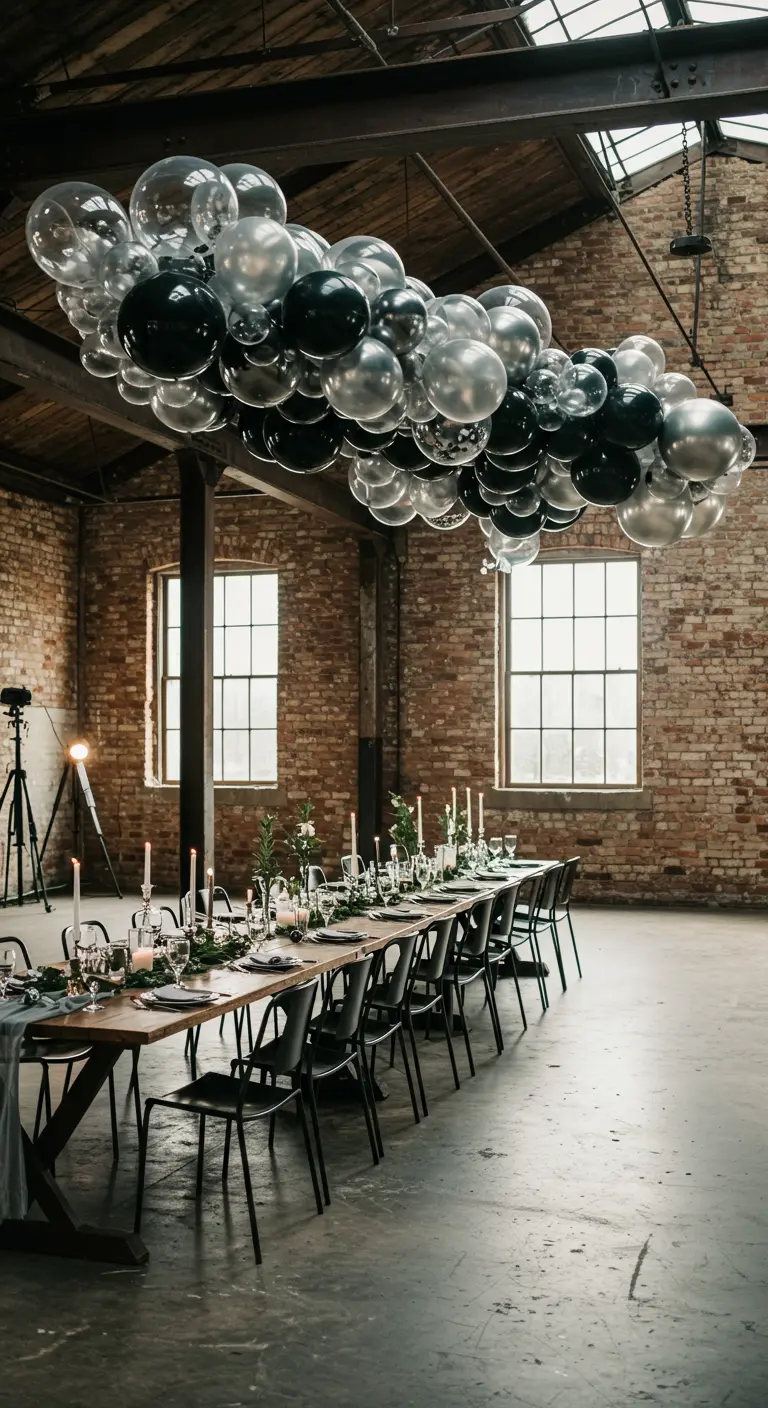 Plafond de ballons noirs, argentés et transparents dans un loft industriel.