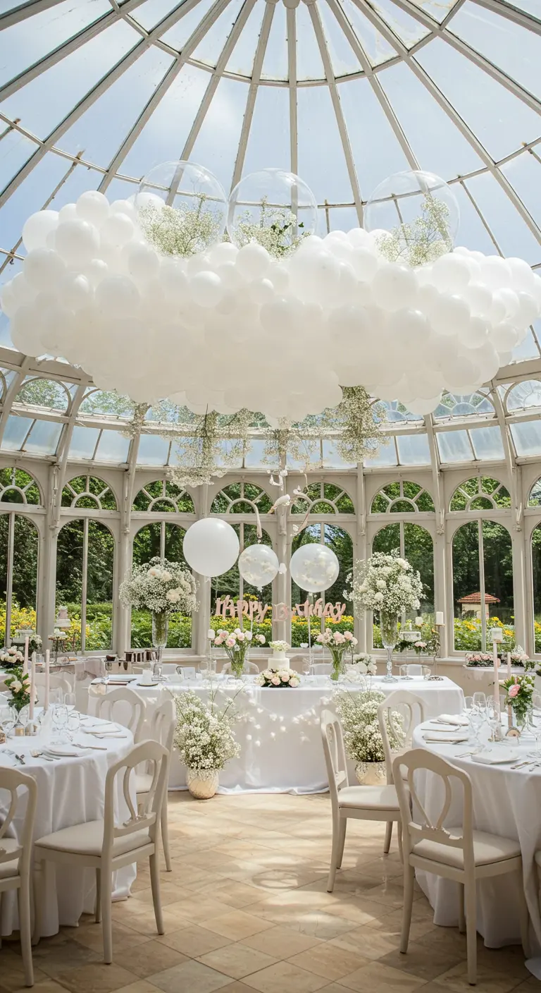 Immense nuage de ballons blancs et transparents suspendu dans une verrière.