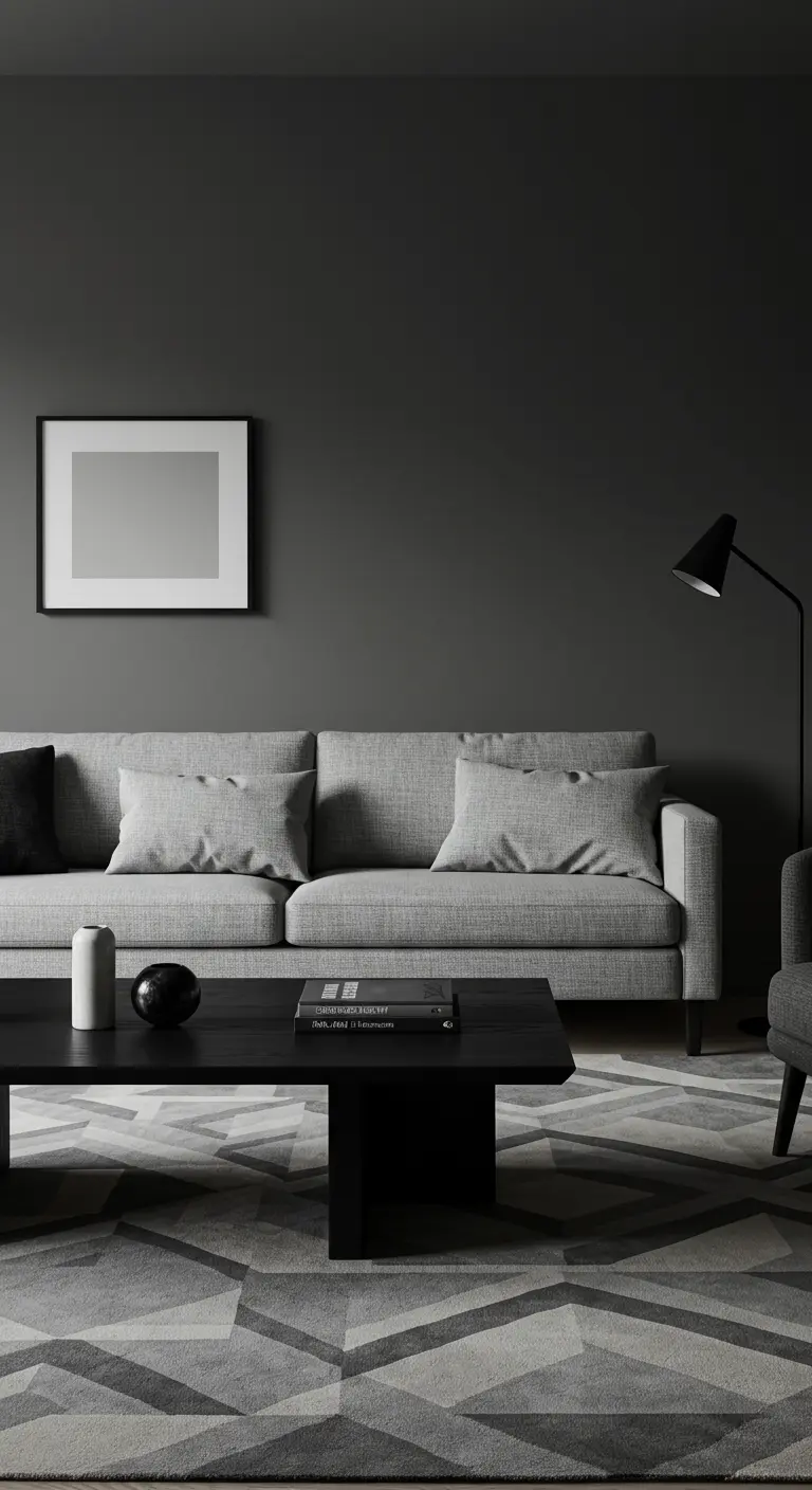 Salon monochrome gris avec canapé en tissu, table basse noire et tapis à motifs géométriques gris.