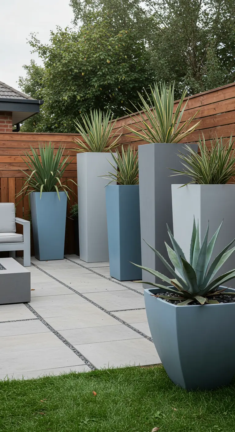 Pots gris et bleus de différentes tailles avec des plantes graphiques sur un patio en dalles