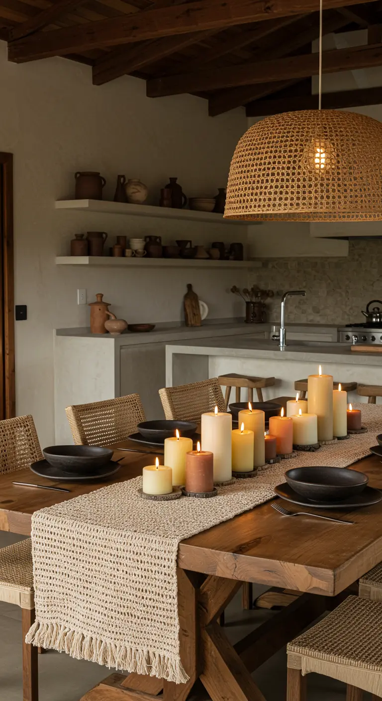 Chemin de table en tricot épais avec bougies piliers dégradées sur une longue table en bois