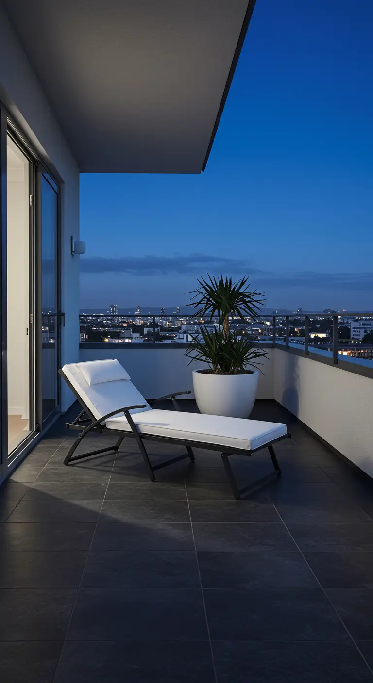 Chaise longue blanche moderne sur une terrasse sombre avec vue nocturne sur la ville.