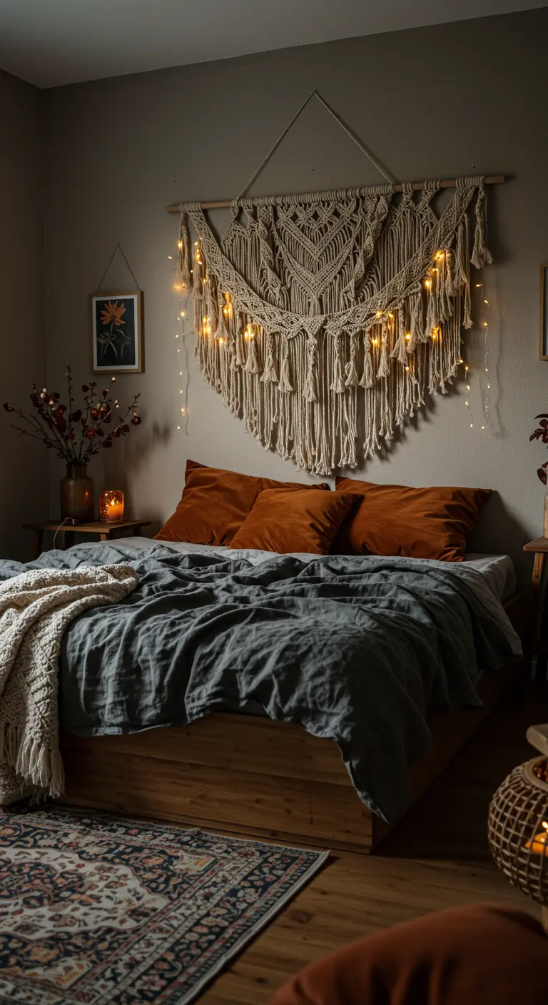 Chambre bohème avec une grande tenture en macramé illuminée, des coussins rouille et du linge de lit gris.