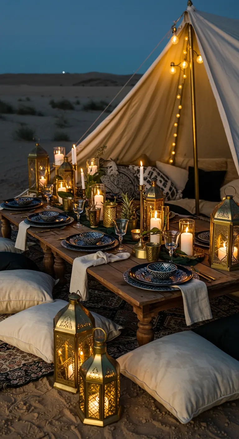 Dîner bohème dans le désert sous une tente, avec coussins et lanternes.