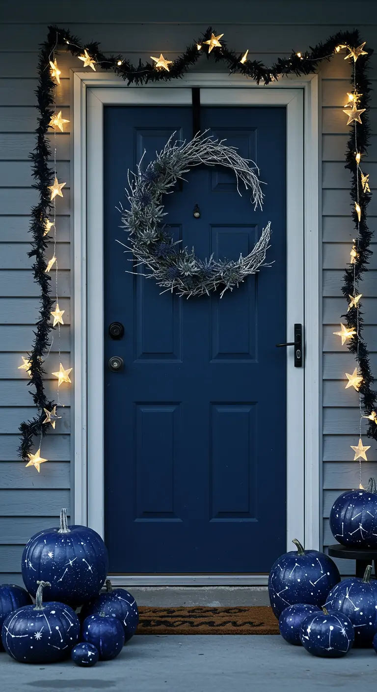 Porte bleue avec couronne en forme de lune et citrouilles peintes en galaxie.